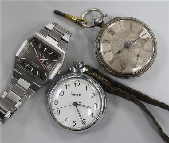 A gentlemans stainless steel Roamer Rockshell Mark II wrist watch and two pocket watches including one silver.